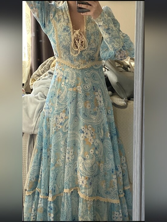 Gunne Sax Dresses & Skirts - Gunne Sax Vintage Rare 1970 Light Blue Paisley Prairie Lace-Up Corset Maxi Dress